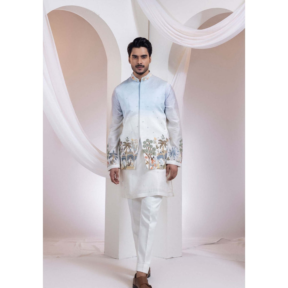 SMRITI Ivory Madhubani Neelra Nehru Jacket And Kurta With Pant