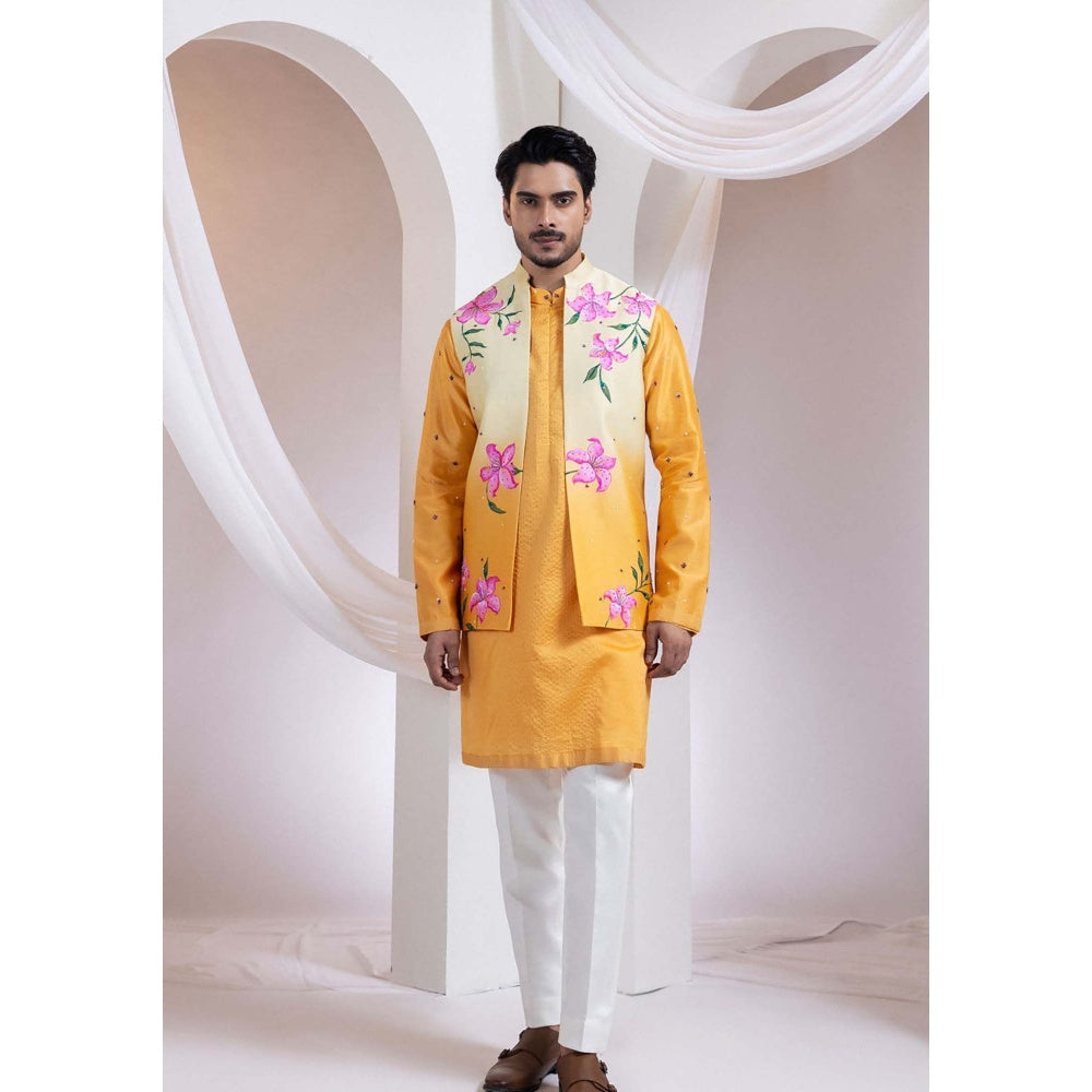 SMRITI Mustard Line Kurta With Blossom Nehru Jacket And Pant