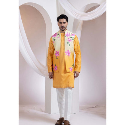 SMRITI Mustard Line Kurta With Blossom Nehru Jacket And Pant
