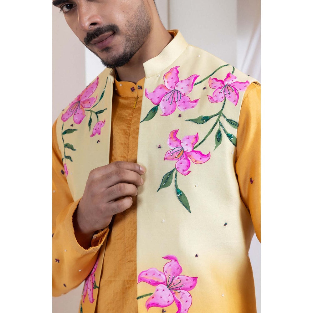 SMRITI Mustard Line Kurta With Blossom Nehru Jacket And Pant