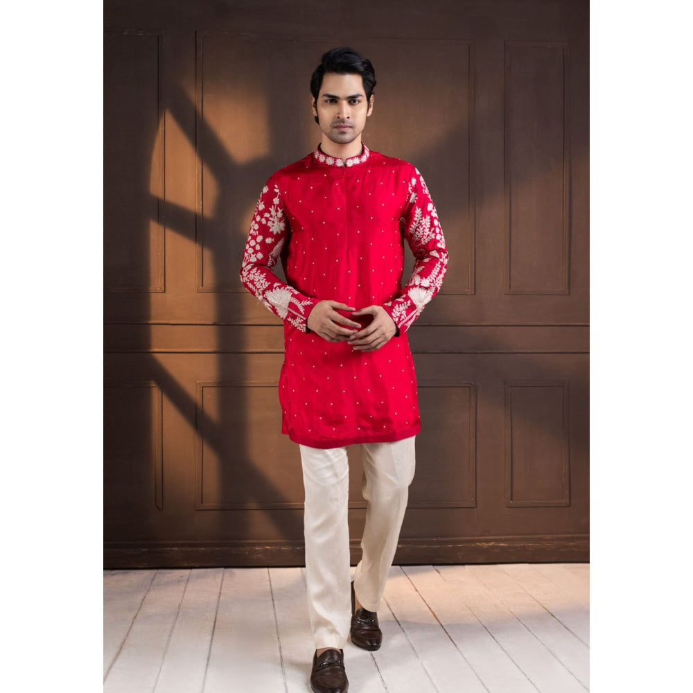 SMRITI Crimson Palm Grove Embroidered Kurta