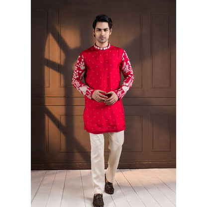 SMRITI Crimson Palm Grove Embroidered Kurta