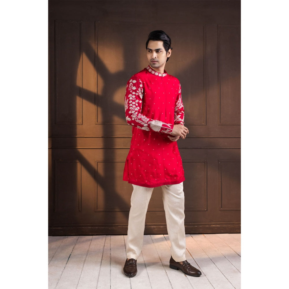SMRITI Crimson Palm Grove Embroidered Kurta