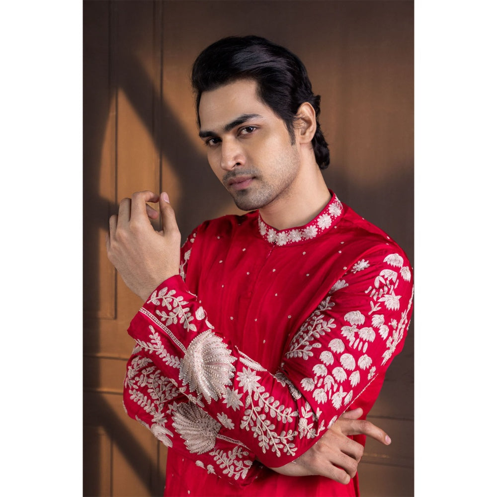 SMRITI Crimson Palm Grove Embroidered Kurta