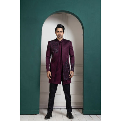 SMRITI Plum Asymmetric Embroidered Bandhgala