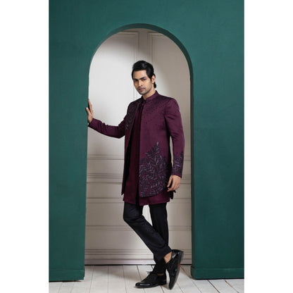 SMRITI Plum Asymmetric Embroidered Bandhgala