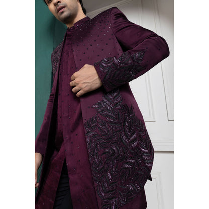 SMRITI Plum Asymmetric Embroidered Bandhgala