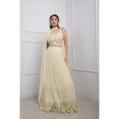 SMRITI Ivory Blossom Shimmer Lehenga with Blouse and Cape