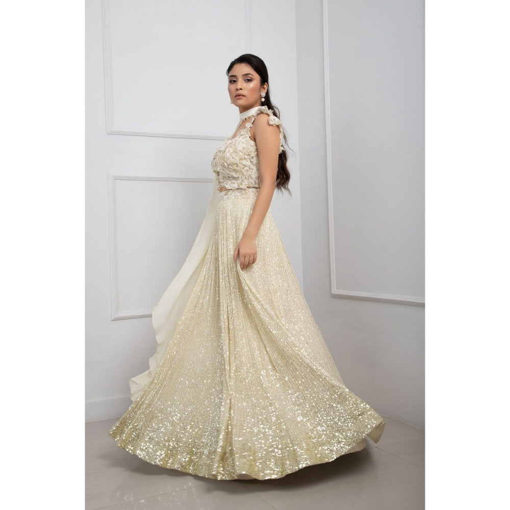 SMRITI Ivory Blossom Shimmer Lehenga with Blouse and Cape