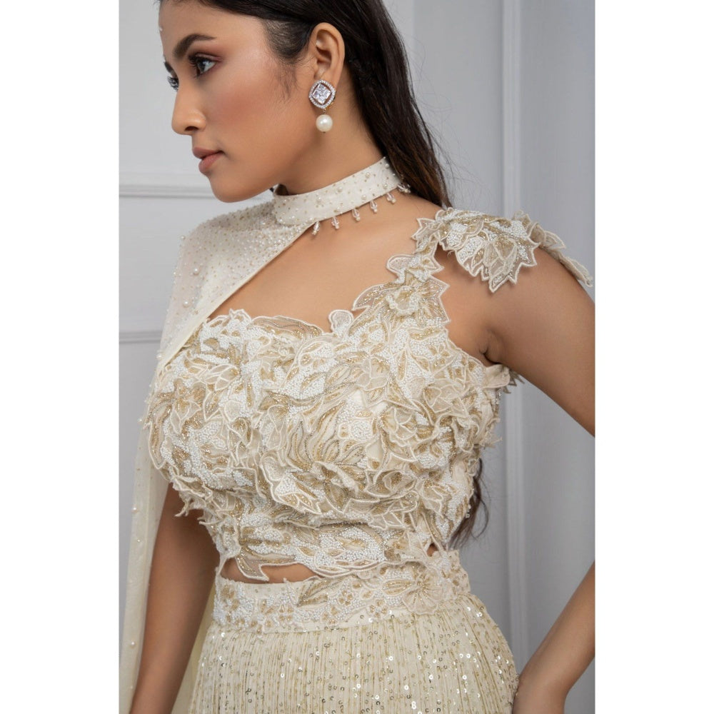 SMRITI Ivory Blossom Shimmer Lehenga with Blouse and Cape