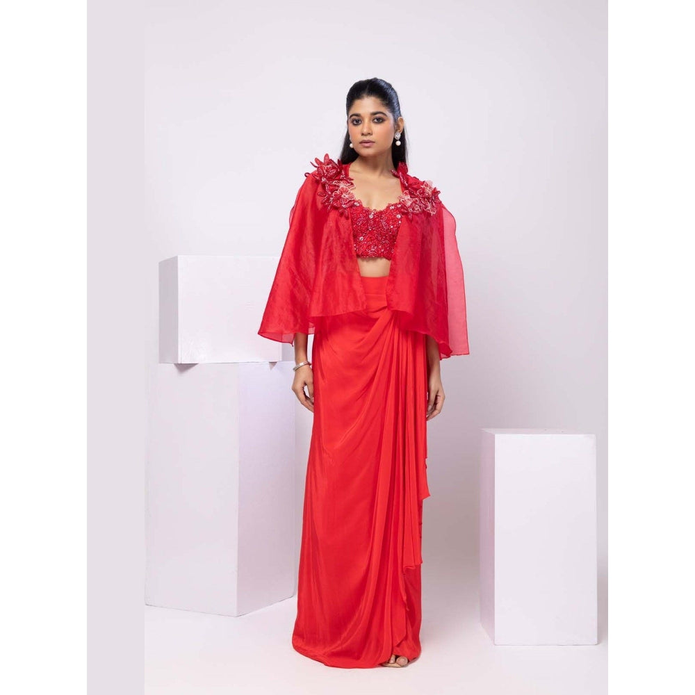 SMRITI Red Cape and Drape Skirt with Top