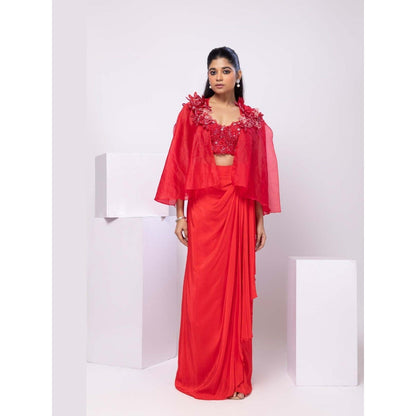 SMRITI Red Cape and Drape Skirt with Top