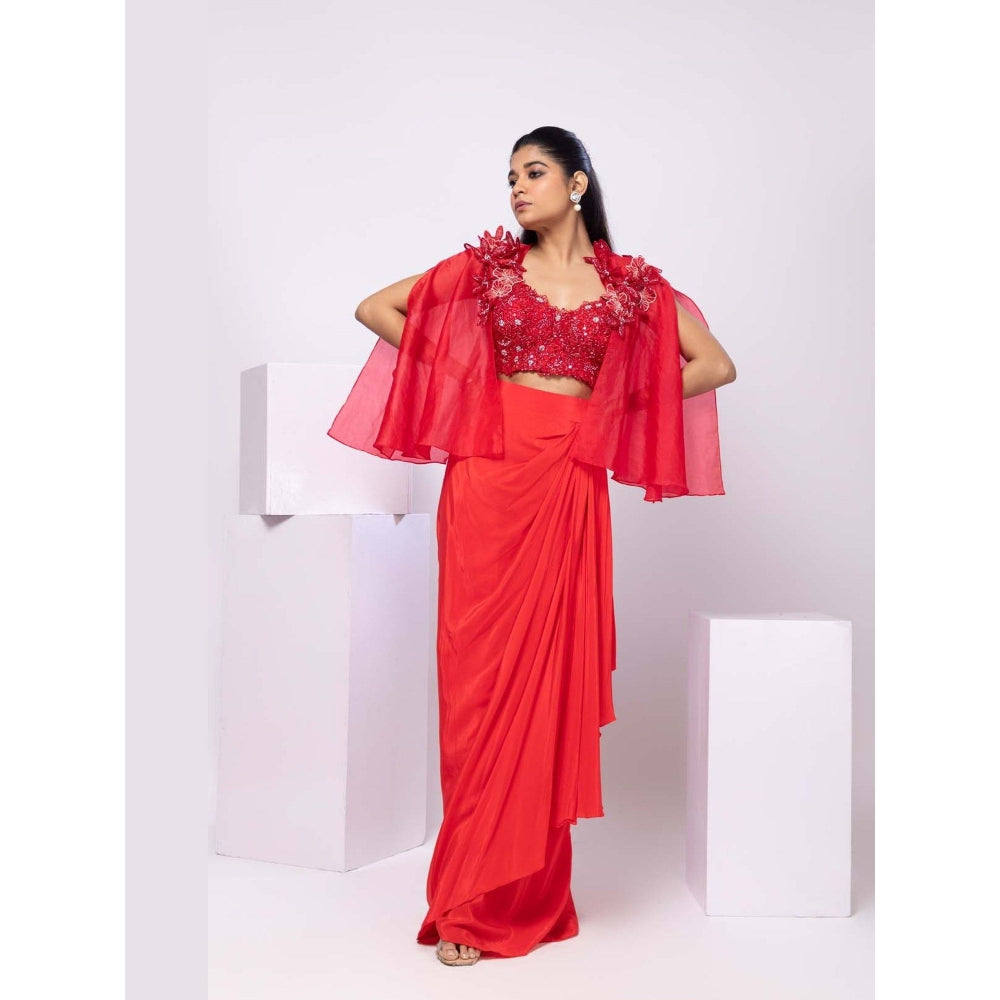 SMRITI Red Cape and Drape Skirt with Top