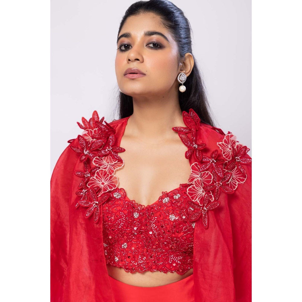 SMRITI Red Cape and Drape Skirt with Top