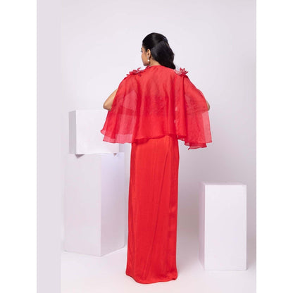 SMRITI Red Cape and Drape Skirt with Top