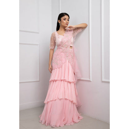 SMRITI Crystal Pink Embellished Blouse with Skirt and Drape