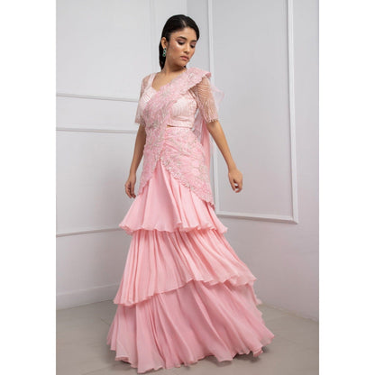 SMRITI Crystal Pink Embellished Blouse with Skirt and Drape