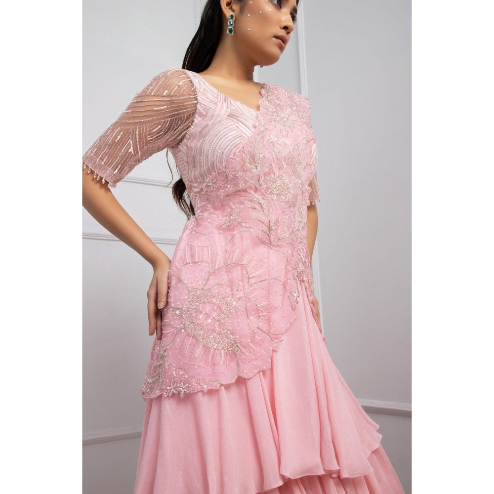 SMRITI Crystal Pink Embellished Blouse with Skirt and Drape