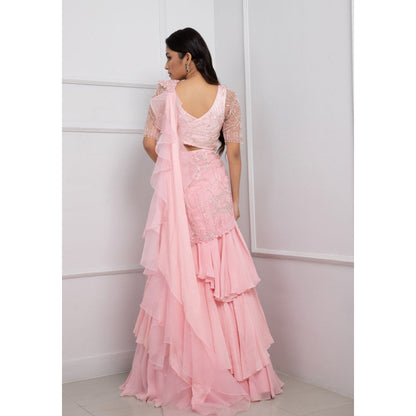 SMRITI Crystal Pink Embellished Blouse with Skirt and Drape