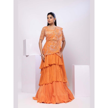 SMRITI Crystal Orange Blouse with Skirt and Drape