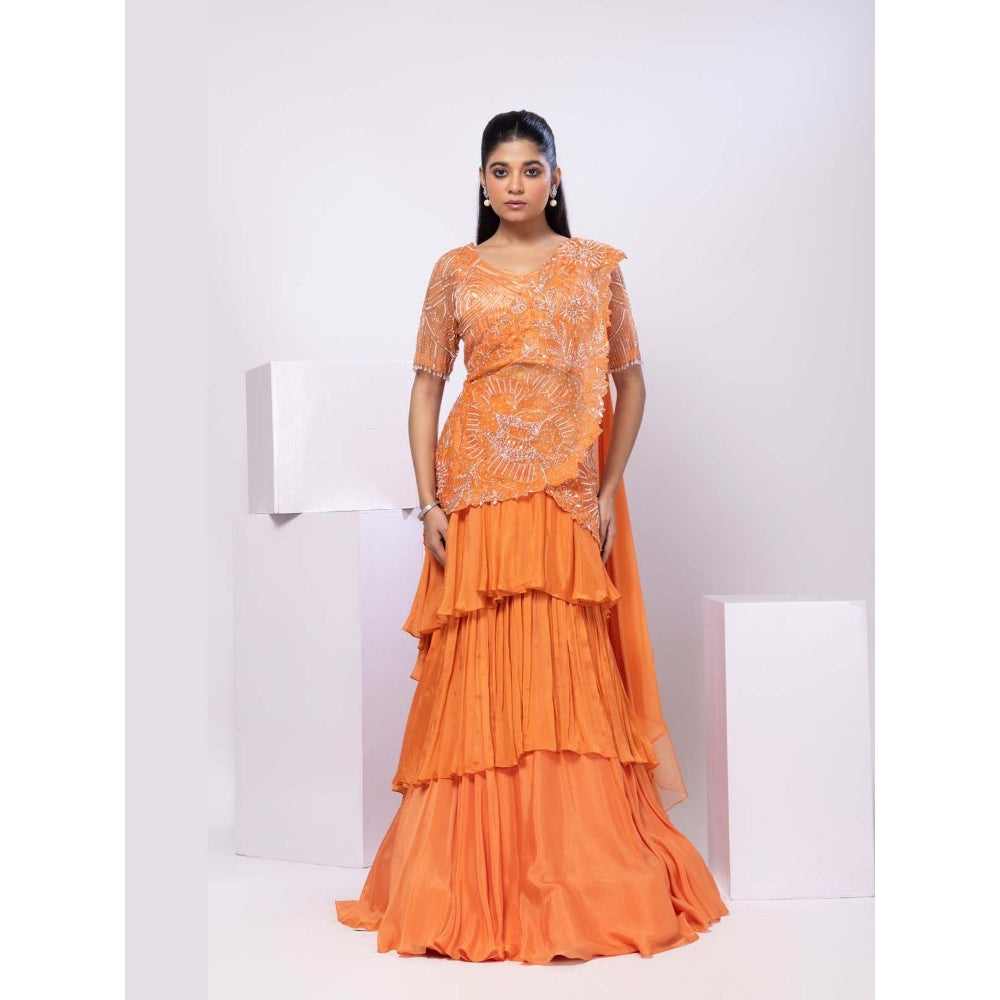 SMRITI Crystal Orange Blouse with Skirt and Drape