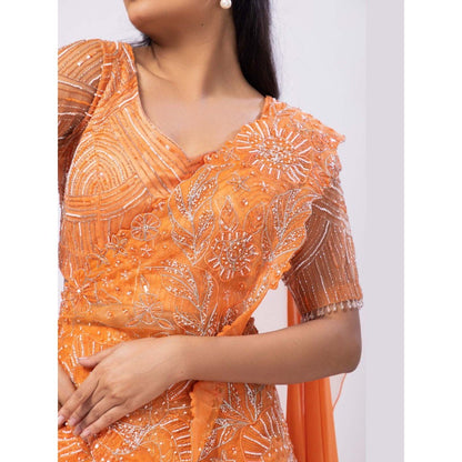 SMRITI Crystal Orange Blouse with Skirt and Drape