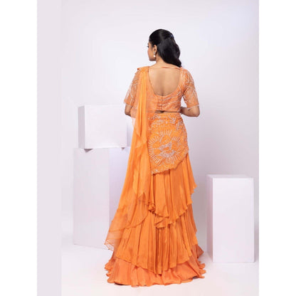 SMRITI Crystal Orange Blouse with Skirt and Drape