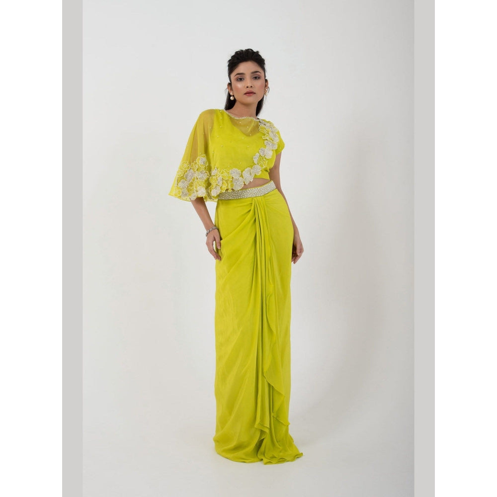 SMRITI Green Petal Drape Skirt with Top and Cape