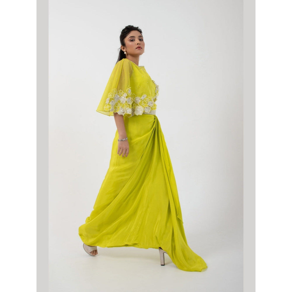 SMRITI Green Petal Drape Skirt with Top and Cape