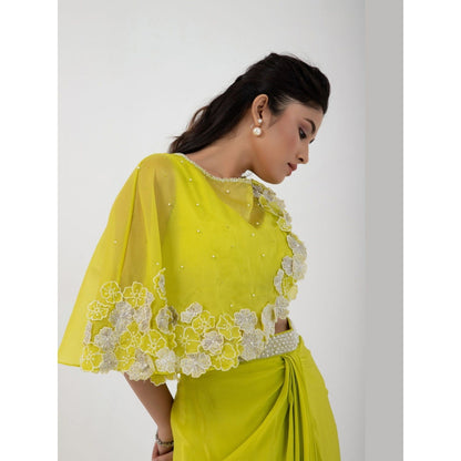 SMRITI Green Petal Drape Skirt with Top and Cape