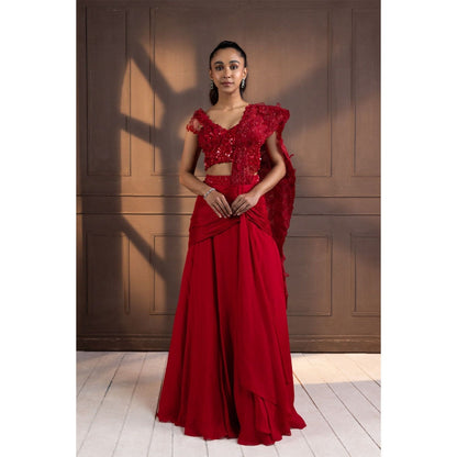SMRITI Red Embellished Drape Skirt with Top