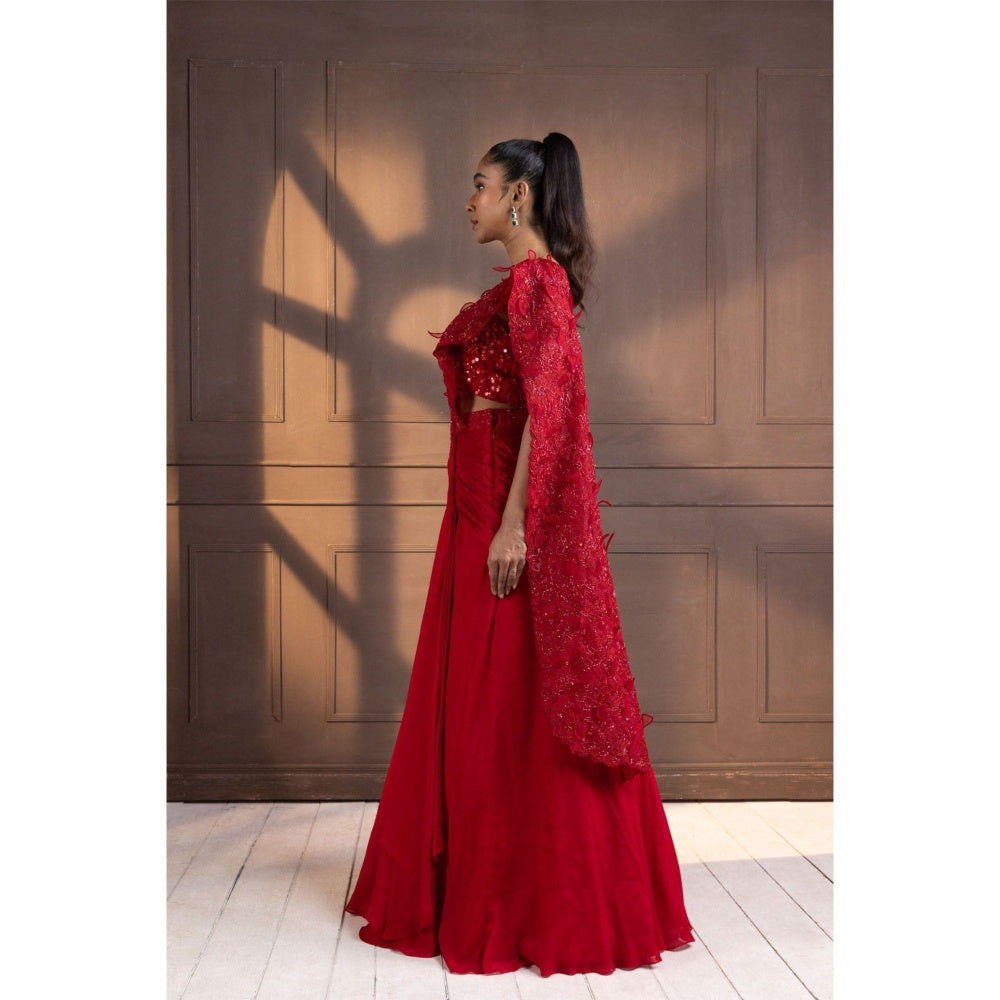 SMRITI Red Embellished Drape Skirt with Top