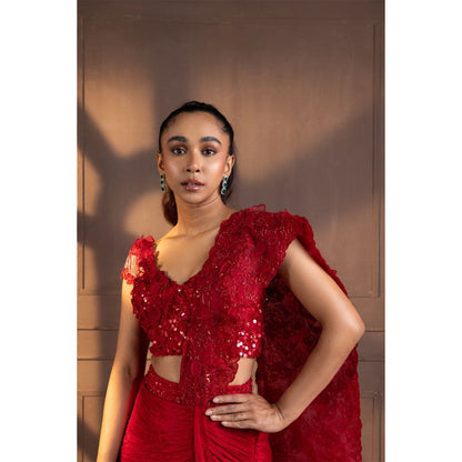 SMRITI Red Embellished Drape Skirt with Top