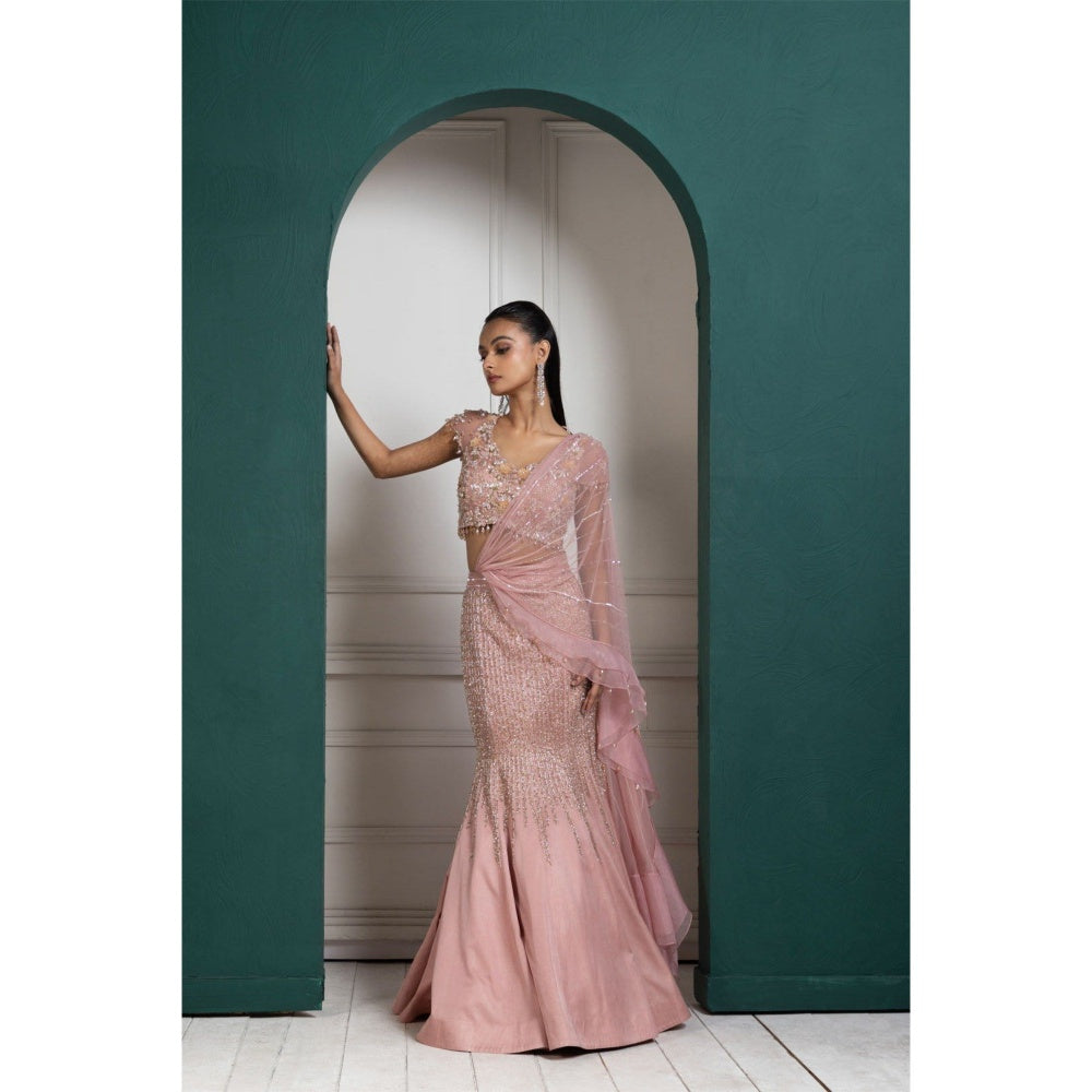 SMRITI Peach Embroidered Drape Skirt with Top