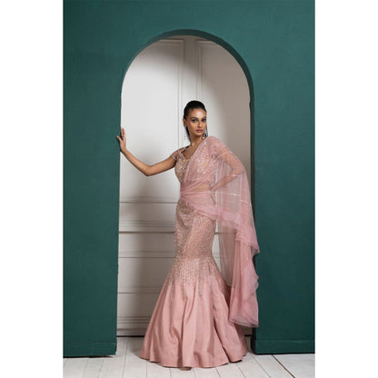 SMRITI Peach Embroidered Drape Skirt with Top