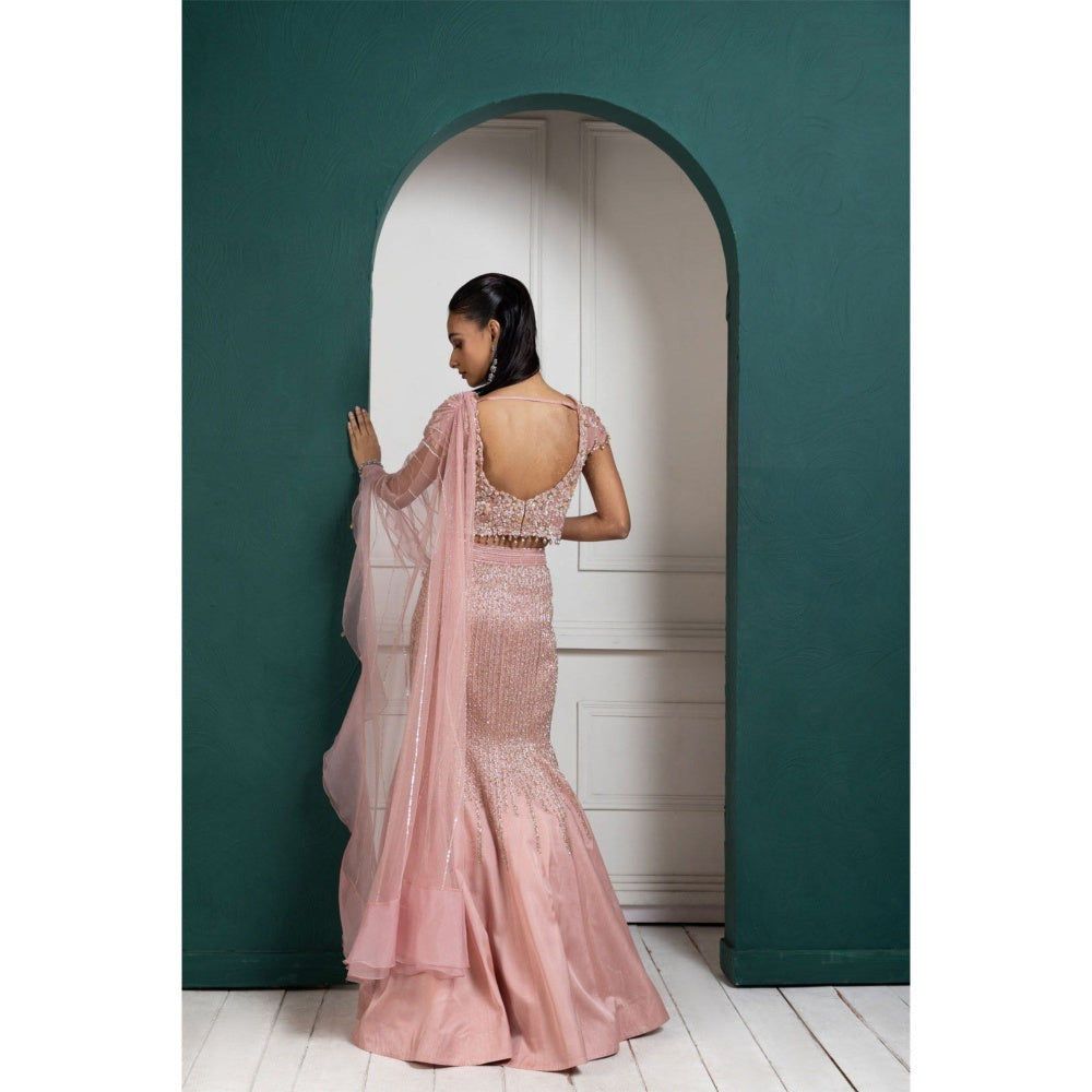 SMRITI Peach Embroidered Drape Skirt with Top