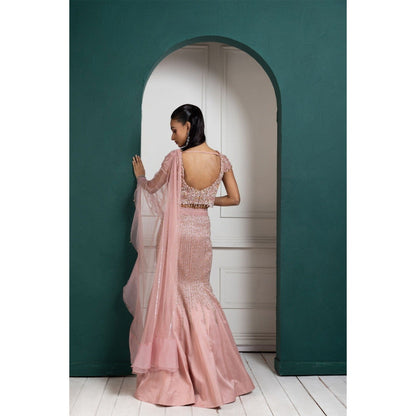 SMRITI Peach Embroidered Drape Skirt with Top