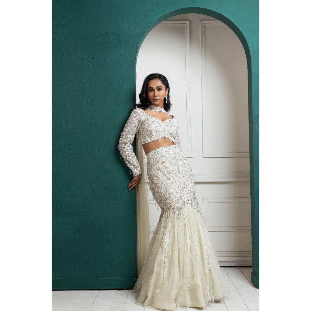 SMRITI Ivory Shimmer Crystal Lehenga with Top and Dupatta