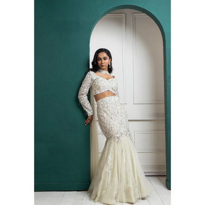 SMRITI Ivory Shimmer Crystal Lehenga with Top and Dupatta