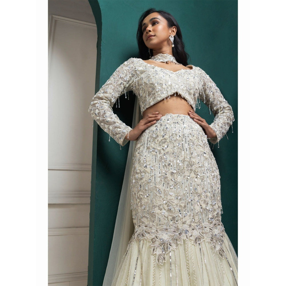 SMRITI Ivory Shimmer Crystal Lehenga with Top and Dupatta