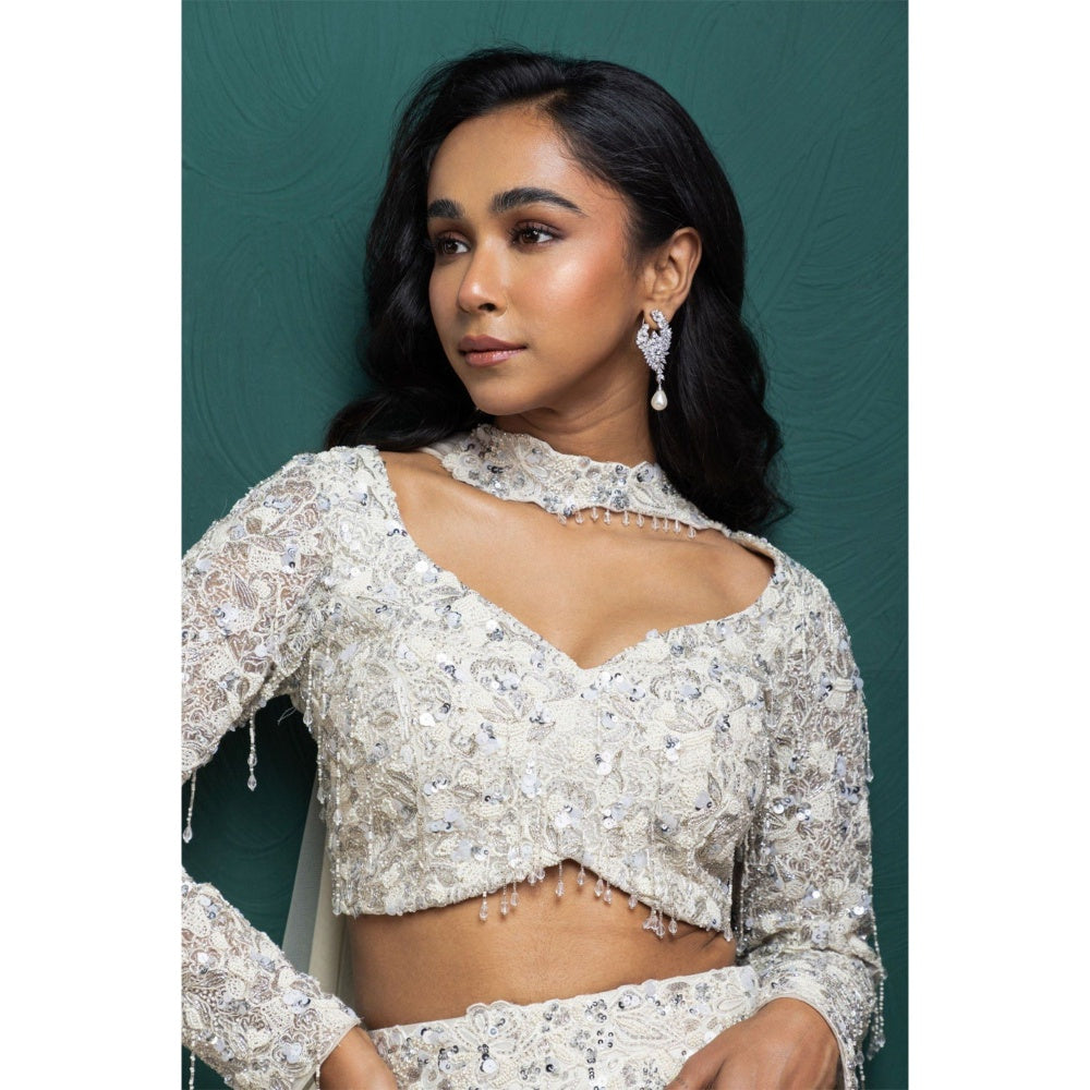 SMRITI Ivory Shimmer Crystal Lehenga with Top and Dupatta