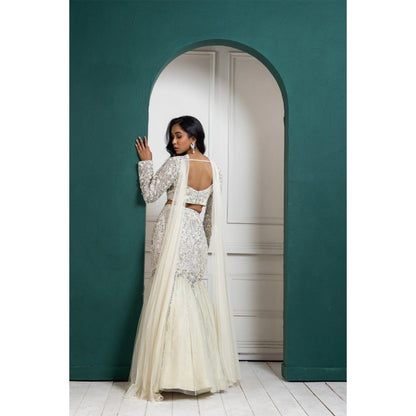 SMRITI Ivory Shimmer Crystal Lehenga with Top and Dupatta
