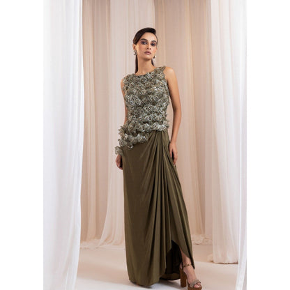 SMRITI Olive Knot Drape Skirt with Top