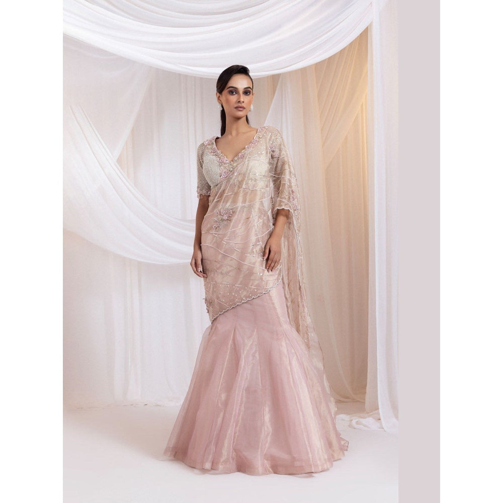 SMRITI Pink Embroidered Blouse with Skirt and Drape