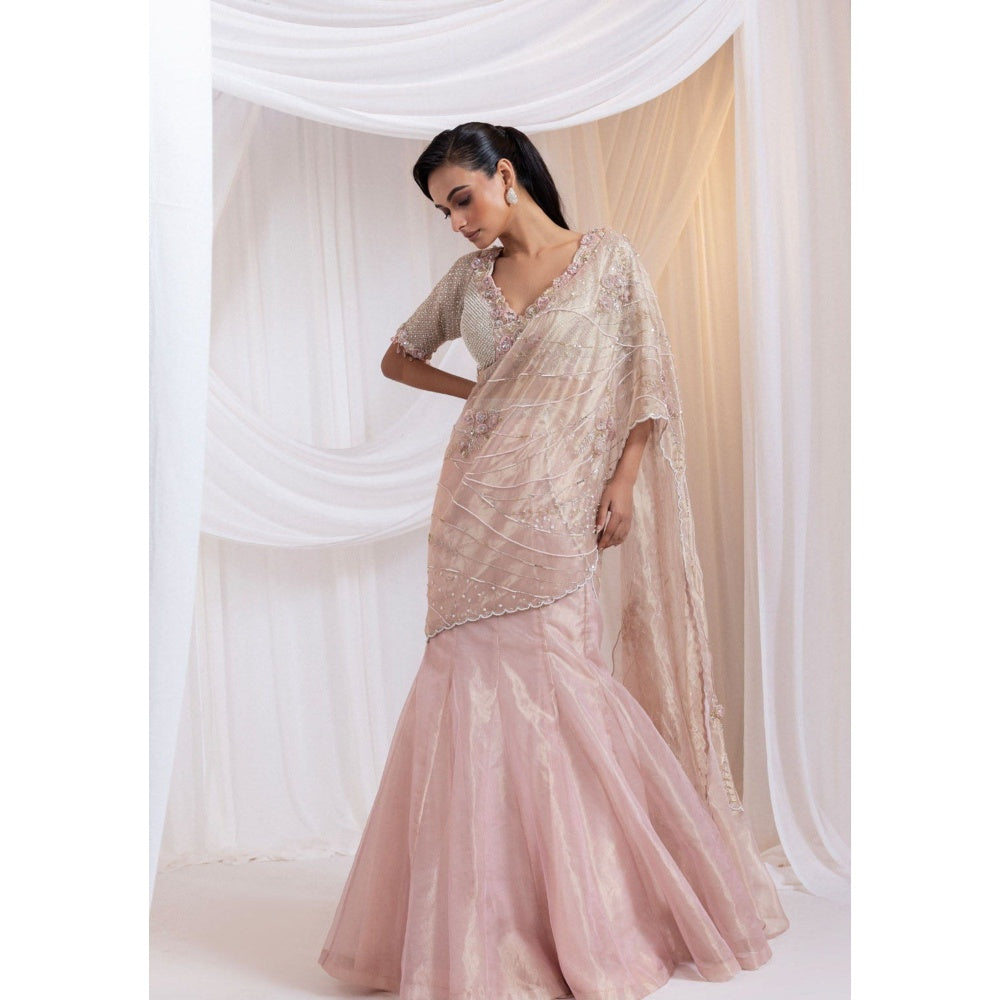 SMRITI Pink Embroidered Blouse with Skirt and Drape