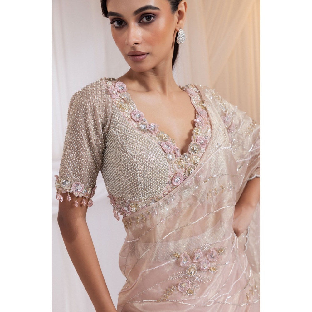 SMRITI Pink Embroidered Blouse with Skirt and Drape