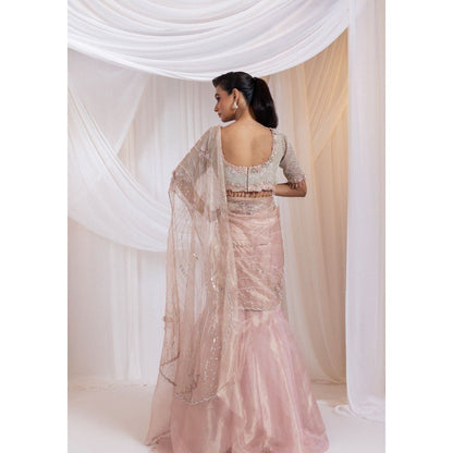 SMRITI Pink Embroidered Blouse with Skirt and Drape