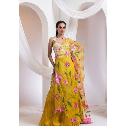 SMRITI Mustard Drape Lehenga with Top and Shrug