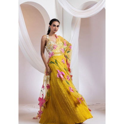 SMRITI Mustard Drape Lehenga with Top and Shrug