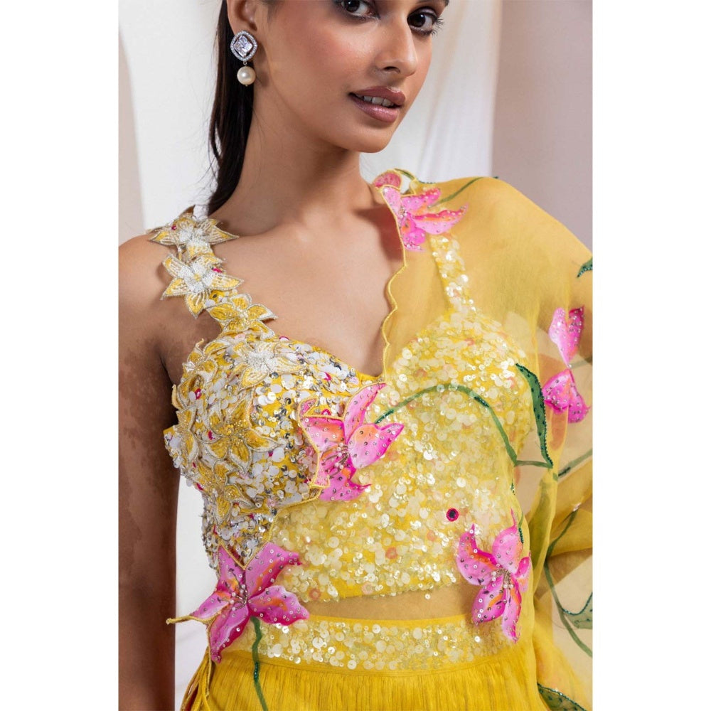SMRITI Mustard Drape Lehenga with Top and Shrug